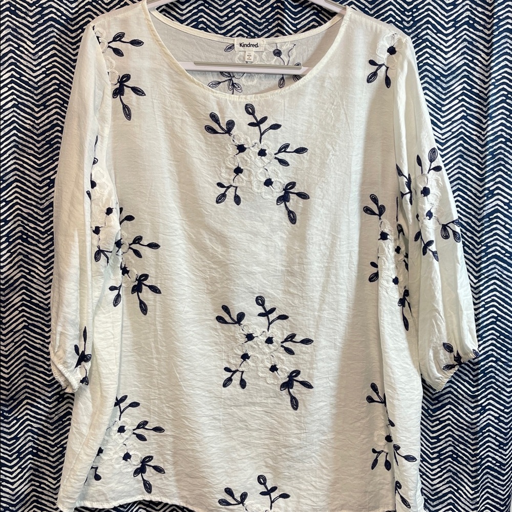 Kindred White Blouse with Navy Embroidery